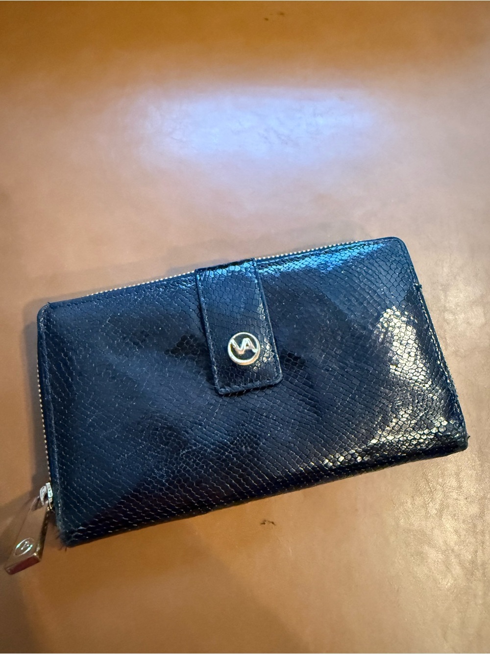 Valentina Black Patent Embossed Wallet with Logo Snap